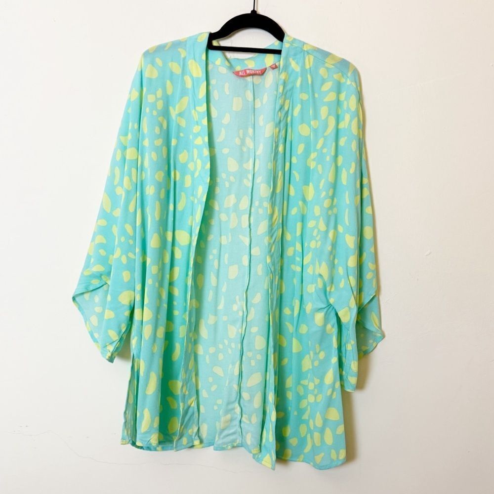 All Worthy Aqua Yellow Kimono Cardigan, Size XS Abstract Polka Dot Print